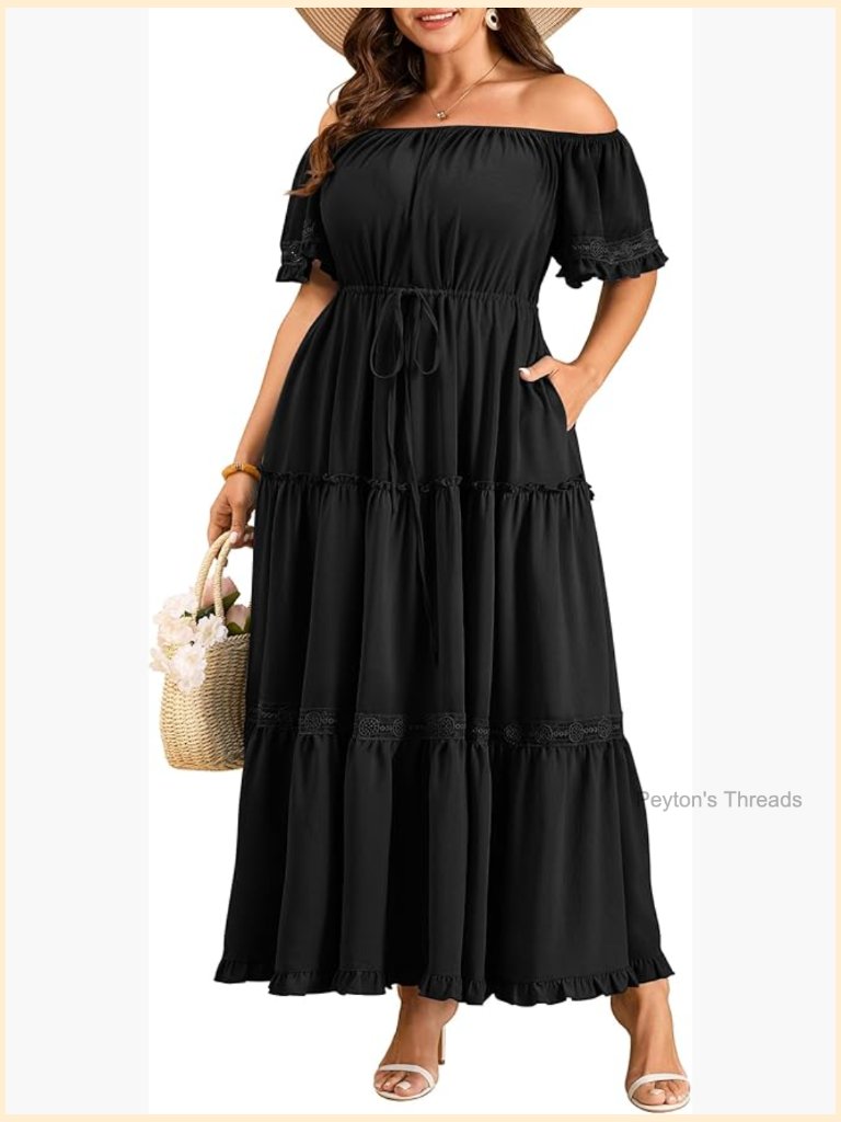 Plus Size Off Shoulder Flowy Maxi Dress With Pockets